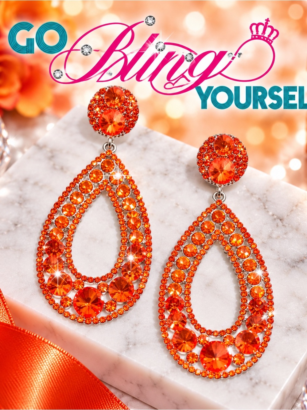 Custom Vibrant Orange Crystal Teardrop Earrings by